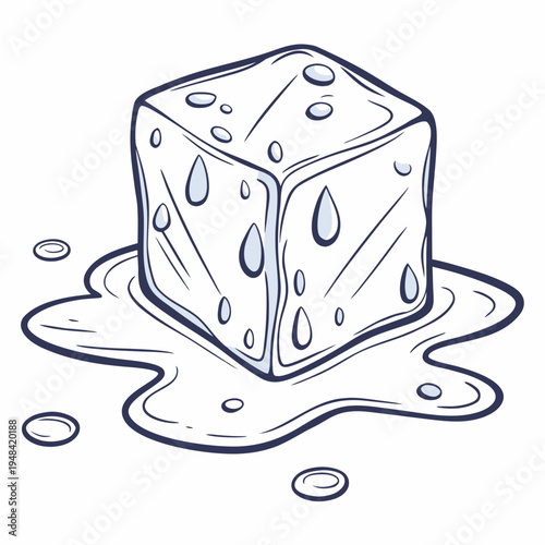 Melting ice cube with water droplets on surface cartoon black and white