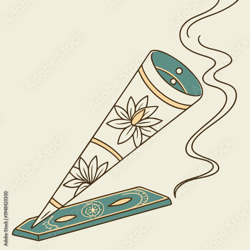 Colorful of incense cone and holder on beige background smoke