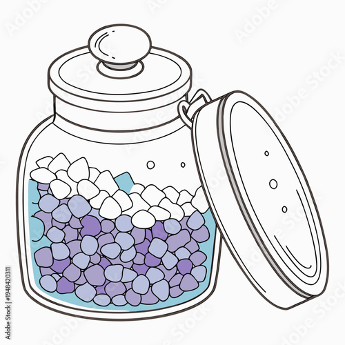 Glass jar with purple and white bath salts blue