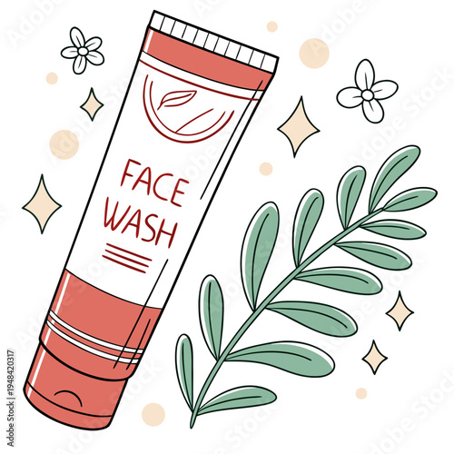 Face wash tube with green leaves and flowers skincare