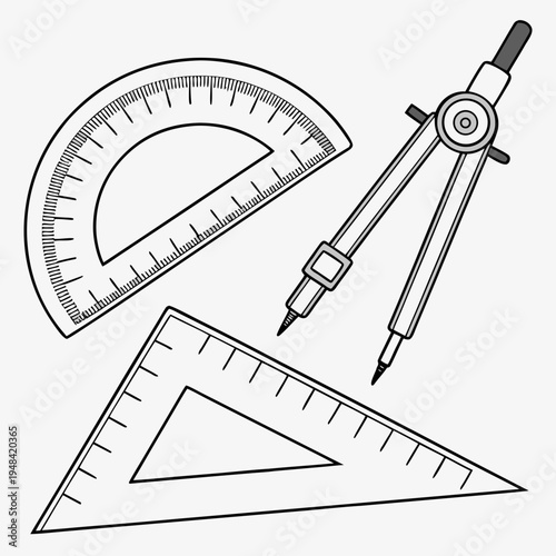 Tools for geometry and drafting on a white background compass protractor