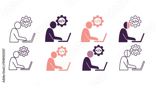 Set of abstract vector icons illustrating programmers working on laptops with gears and code symbols, representing software development and technology concepts