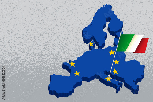 3D Map of the European Union with Italian Flag Pin on Italy – Concept for EU Membership, Politics, and National Identity