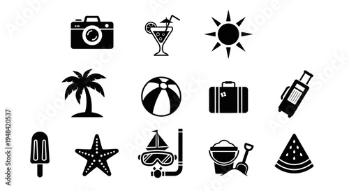 A versatile collection of black silhouette flat icons capturing the essence of summer holidays, beach vacations, and travel adventures, suitable for various design projects