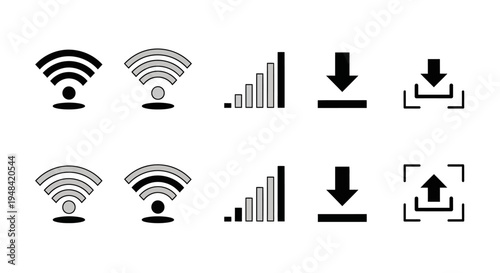 Essential digital connectivity icons representing wireless internet, mobile signal strength, and data transfer operations for download and upload functions, perfect 