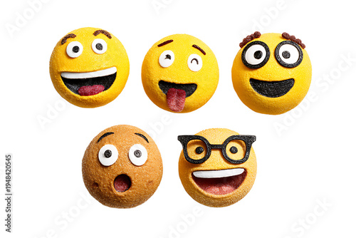 A set of creative donuts with emoji faces on transparent background