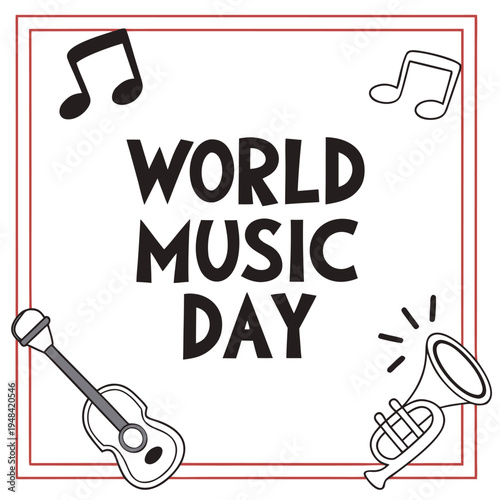 A stylized graphic promotes world music day with musical notes instruments and bold lettering