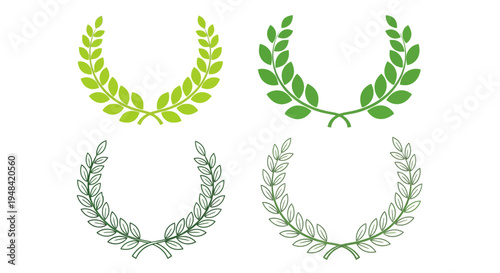 Vector Set of Green and Grey Laurel Wreaths, Symbolic of Victory, Achievement, and Award, Isolated on White Background