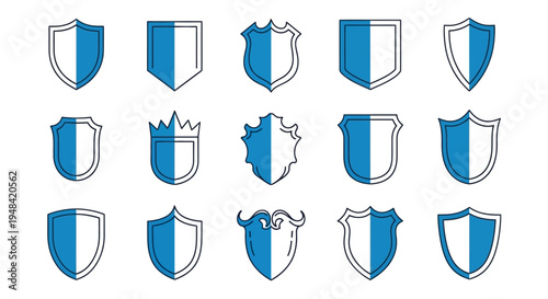 Collection of stylized shield emblems with a blue and white color scheme, representing protection and heraldry
