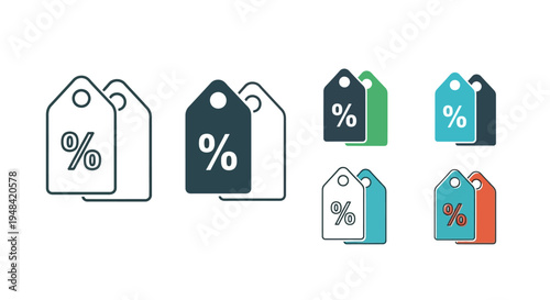 Versatile collection of discount tag icons, perfect for illustrating sales, promotional offers, and pricing strategies in various digital and print business materials. 