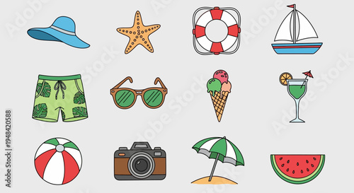 Collection of summer vacation and travel icons, including beachwear, sunglasses, ice cream, and a sailboat, perfect for travel and leisure themes