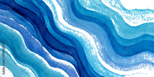Blue ocean watercolor background with smooth flowing wave texture and artistic aqua paint illustration.