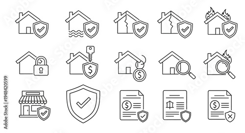 Collection of Insurance Icons Representing Property Protection and Financial Security