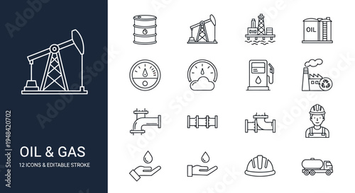 Streamlined outline vector icon collection portraying crucial elements of the oil and gas industry, encompassing exploration, production, and distribution of petroleum energy