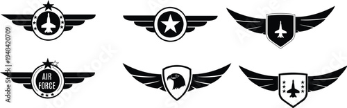 Air force logo with wings, shields and stars Military badges Army patches. Vector illustration