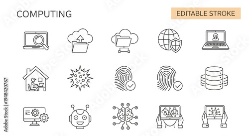 Line icons for modern computing technology, encompassing cloud services, data security, artificial intelligence, digital networking, and smart solutions