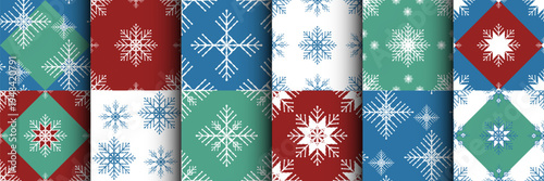 Modern geometrical Christmas Snowflakes seamless pattern set, winter ornaments. Vector holiday backgrounds for wrapping paper and textile