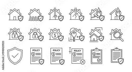 Comprehensive set of vector line icons illustrating essential home and property insurance concepts, covering protection, security, policy management, and risks like natural disasters and damage claims