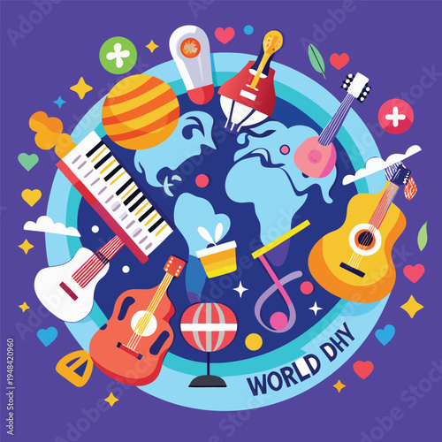 A vibrant illustration celebrates world music day with various instruments and celestial bodies