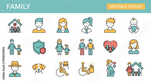 Comprehensive collection of modern outline icons illustrating diverse family relationships, social support, and community care concepts, perfect for UI/UX design and educational resources