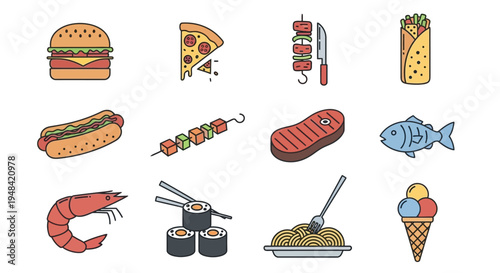 A colorful collection of popular fast food and meal icons for culinary or restaurant-related designs