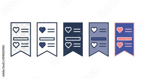 Versatile collection of bookmark icons featuring a heart symbol, ideal for marking favorites, saving content, or indicating preferred items in digital designs and user interfaces