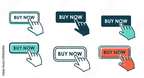 Collection of various 'buy now' buttons with a cursor hand icon indicating a click action, perfect for e-commerce and online shopping interfaces