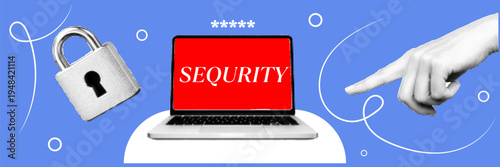 Halftone pop art dot laptop screen security lock padlock pointing finger cybersecurity protection concept vector illustration
