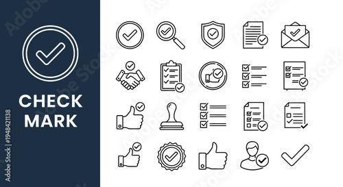 Set of diverse check mark, verification, and approval vector icons, perfect for representing validation, acceptance, and completed tasks in digital designs and business applications