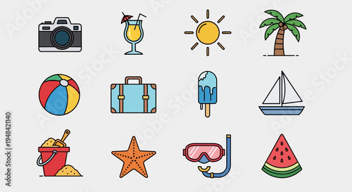 Collection of Summer Vacation Icons - Beach, Travel, and Leisure Elements
