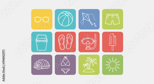 A grid of colorful icons representing summer vacation and beach activities, including sunglasses, a beach ball, a kite, shorts, a bucket, flip-flops, snorkeling gear, an ice pop, 