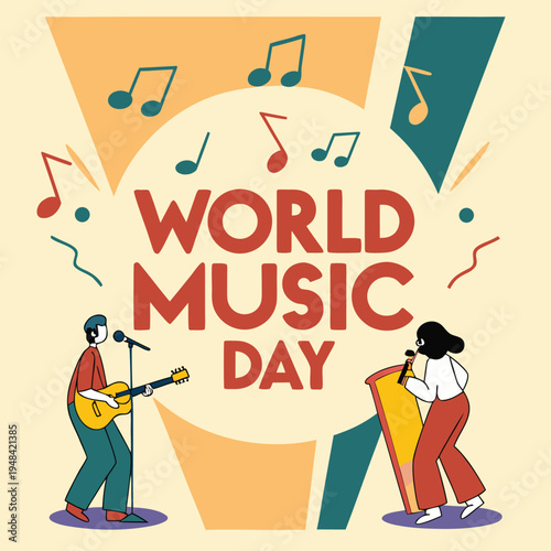 A vibrant illustration celebrates world music day with musicians and floating musical notes