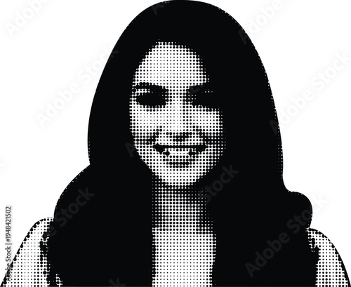 A high contrast halftone portrait of a young woman smiling against a stark solid white background Vector