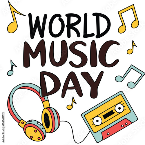 A colorful illustration celebrating world music day with headphones a cassette tape and musical notes