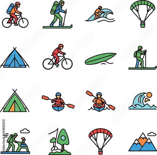 Colorful Outdoor Adventure and Sports Activity Icons Set