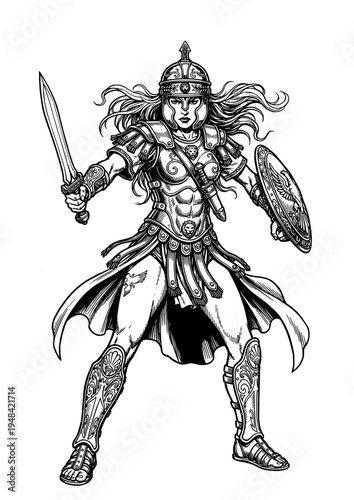 Amazon Warrior Roman Legionary Woman with Sword and Shield – Fantasy Female Fighter Vector Line Art