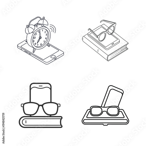 A collection of four isometric line art icons depicting various combinations of books and gadgets