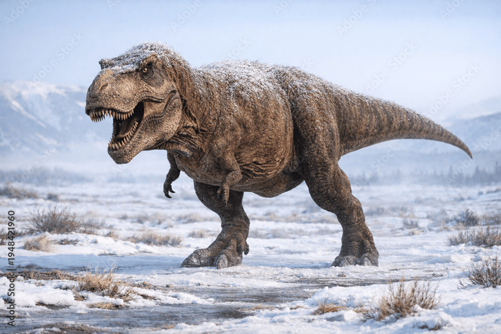 Fototapeta premium Ultra Realistic Tyrannosaurus Rex Standing in Frozen Prehistoric Tundra Landscape – Powerful T Rex Dinosaur in Ice Age Style Environment – AI Generated