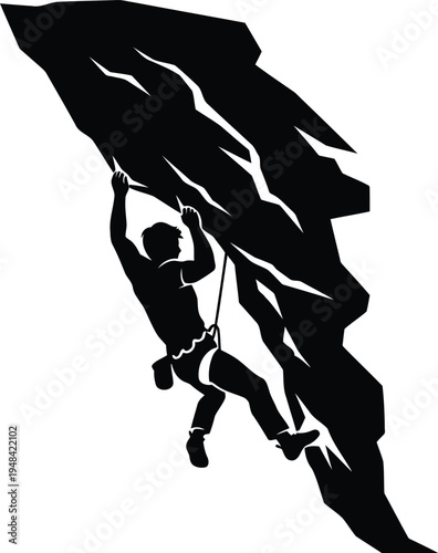 Silhouette of Climber Ascending Rocky Mountain Terrain Vector Illustration