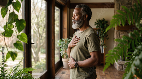 Mindful senior man practicing deep breathing exercises at home.