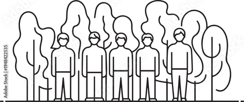 six men standing in a row between abstract tree shapes. one line art icon drawing vector