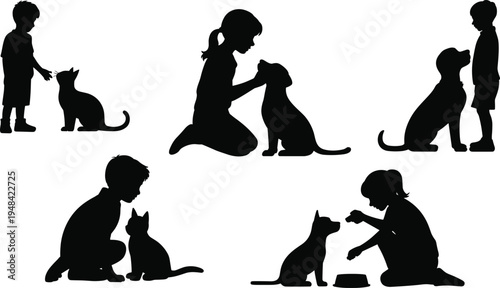 Black silhouettes of children interacting with cats and dogs in various poses and settings kids boys