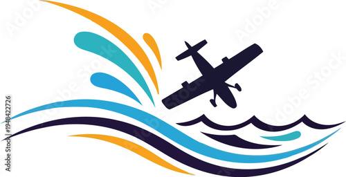 Modern Seaplane Water Splash Landing Vector Icon Design