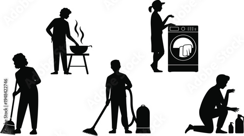 Black silhouette of people performing household chores including cooking, cleaning with a broom and vacuum, and doing laundry