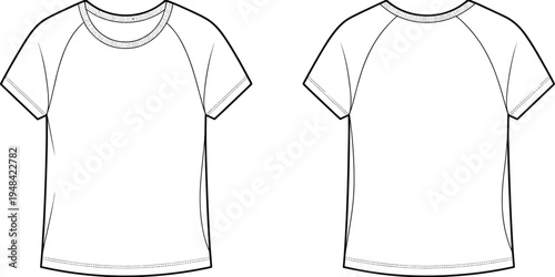 Blank white short sleeve raglan t-shirt template front and back view with clear stitching details for fashion and apparel mockups