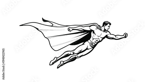 Black and white superhero flying with cape Keywords: superhero, flying, cape, man, male, comic