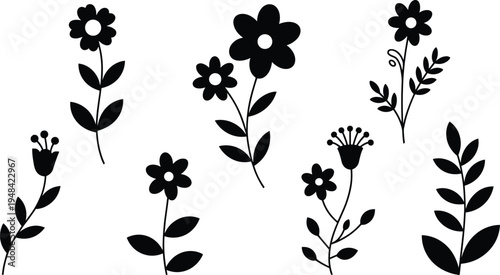 Collection of black silhouette floral and botanical including flowers, leaves, and stems on a white background