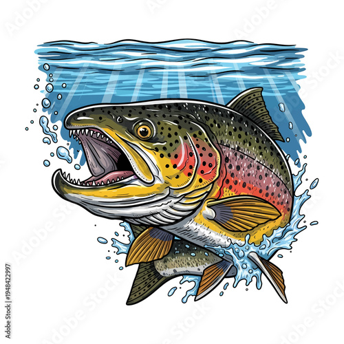 Rainbow trout fish jumping out of water with water splash vector illustration