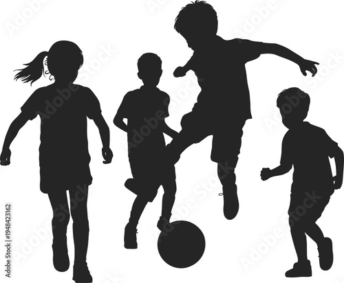 Diverse group of children in silhouette playing soccer outdoors on a white background showcasing active movement and teamwork during a game