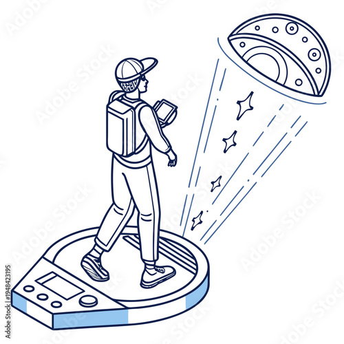 Person on platform being abducted by ufo on white background alien abduction